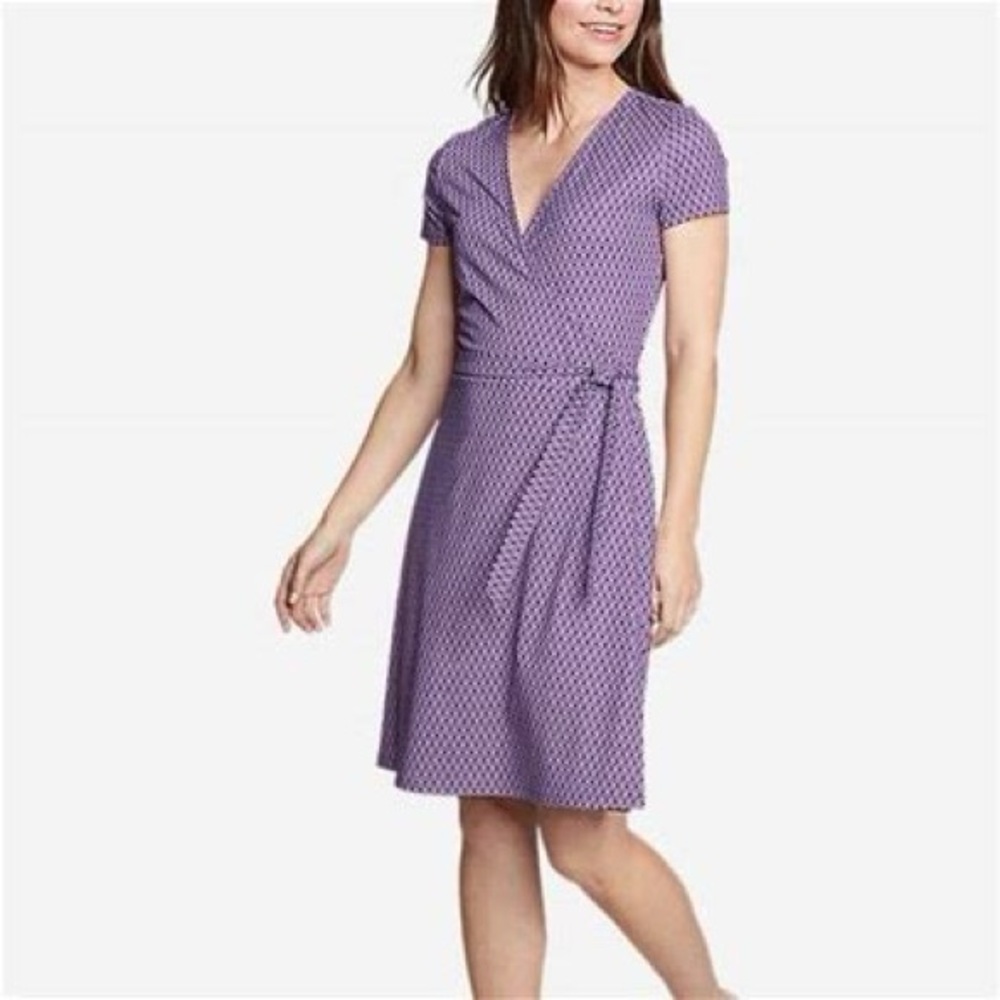 NWT Eddie Bauer Aster Purple Wrap Midi Dress V-Neck Short Sleeve Size S